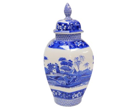 A Spode pottery blue and white Tower pattern vase and cover, of hexagonal form, printed marks, 40cm high.