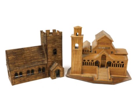 A vintage match stick model of Amalfi Cathedral, raised on a wooden base, 38cm wide, and a further model of an English parish