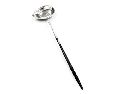 A Georgian silver plated toddy ladle, monogram engraved, with a whale bone handle, 32cm wide.