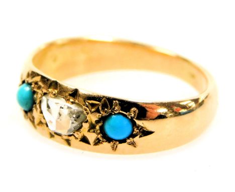 A late 19thC diamond and turquoise gypsy ring, set with an old cut diamond and two seed turquoises, in yellow metal, diamond 