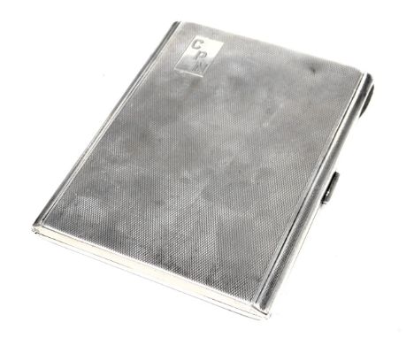 A George VI silver cigarette case, internally dedication engraved, with engine turned decoration, rectangular reserve, monogr