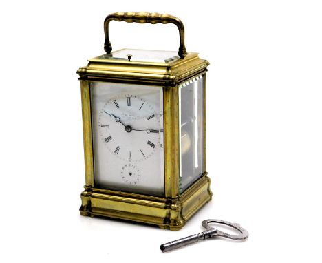 A late 19thC brass repeater carriage clock, by Webster of Cornhill, London, rectangular enamel dial bearing Roman numerals, s