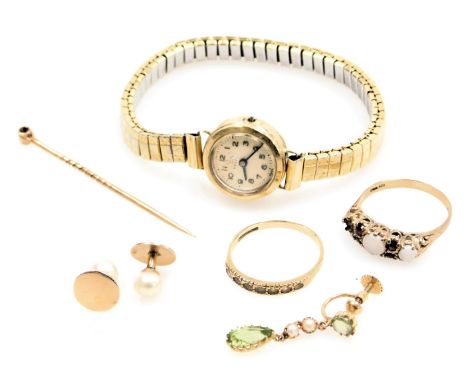 A Record lady's 9ct gold cased wristwatch, circular champagne dial bearing Arabic numerals, on a plated strap, pair of pearl 