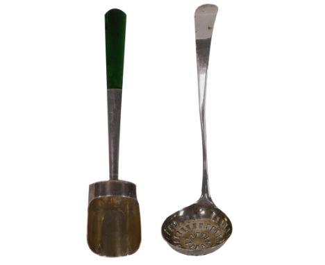 A silver sugar shovel, with a jadeite handle, and a Georgian silver cream ladle, 1.29oz.