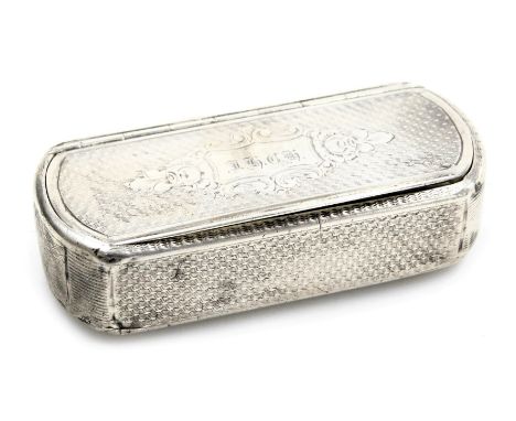 A 19thC snuff box, white metal, of oblong form, with engine turned decoration, the lid with a monogrammed reserve, 1.38oz.