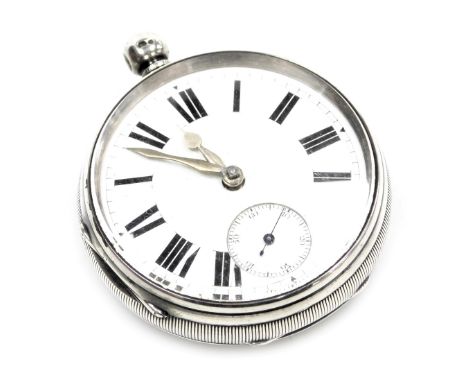 A Victorian silver cased gentleman's pocket watch, open faced, key wind, circular enamel dial bearing Roman numerals, subsidi