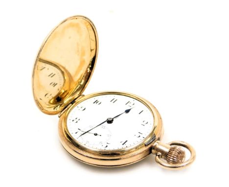 A gentleman's gold plated hunter pocket watch, keyless wind, circular enamel dial bearing Arabic numerals, subsidiary seconds