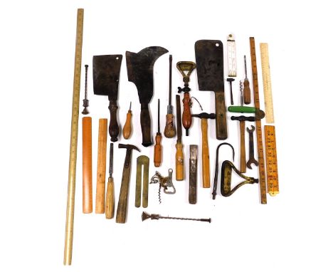 A group of vintage tools, Rabone rulers, horse grooming tools, bill hook, etc. (a quantity) 