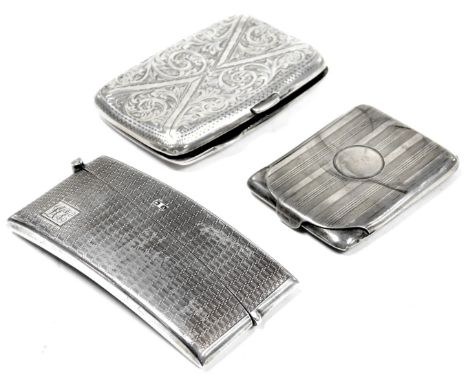 A George V silver curved calling card case, with engine turned decoration, rectangular reserve monogram engraved, Birmingham 