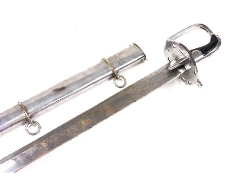 A replica British pattern 1796 heavy cavalry trooper's sword, with a leather grip, steel guard and blade, in a metal scabbard