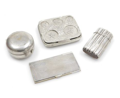 A Victorian silver plated travelling inkwell, fluted vesta case, triple stamp case, with engine turned decoration, and a Germ