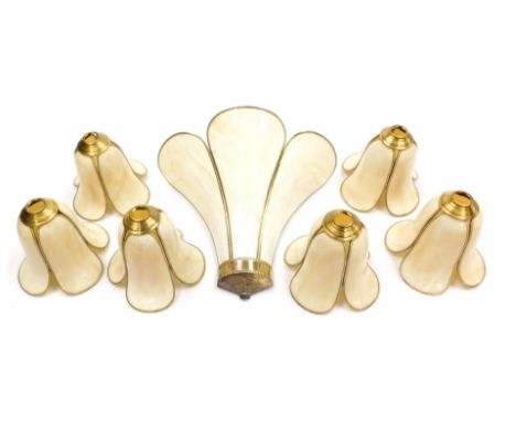 A brass and white opalescent triple petalled wall light, 28cm high, together with six similar lampshades. (7)
