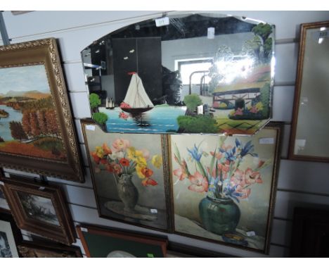 A vintage hallway mirror hand painted with lake imagry