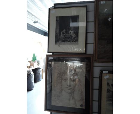 A vintage monochrome print depicting two men playing chess and a print epicting a lady with flowers in her hair.