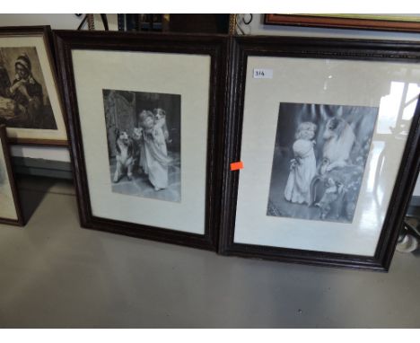 Two vintage monochrome prints of child with dog in period matching wooden frames