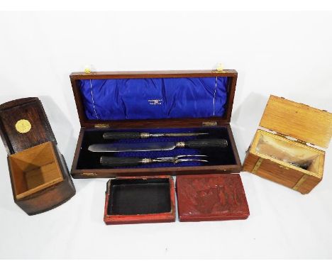 A Walker & Hall of Sheffield carving set in a mahogany presentation case, a wooden tea caddy chest and an oak box with single