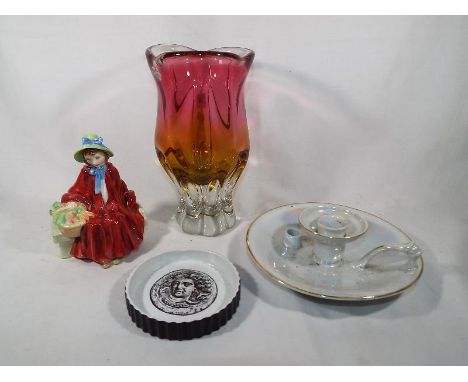 A Royal Doulton lady figurine entitled Linda 12 cm (h), a good quality heavy art glass vase, candlestick  holder and other (4