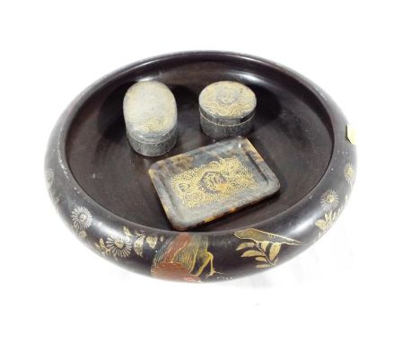 A collection of tortoise shell ware to include a pin dish and two lidded trinket boxes. all decorated with a chasing dragon w