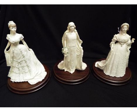 Three ceramic lady figurines by Coalport entitled, Queen Victoria, Queen Elizabeth and Queen Mary with wooden plinths (3)