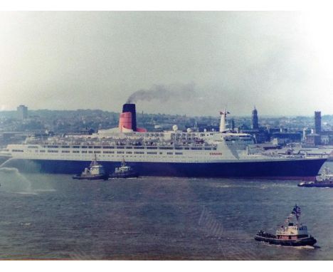 A watercolour depicting a Cunard liner with tug boat in the Mersey with Liver Building in the background image size 30cm x 40