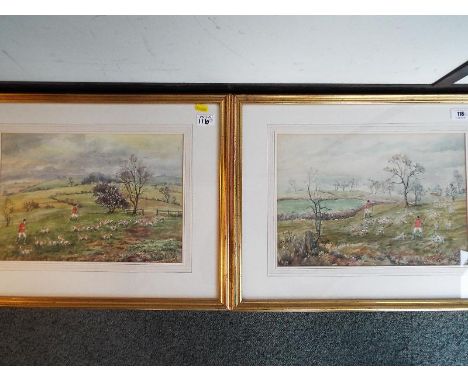 Two watercolours by C.M. Pell depicting hunting scenes mounted and framed under glass. Image size 25 cm x 36 cm (2)