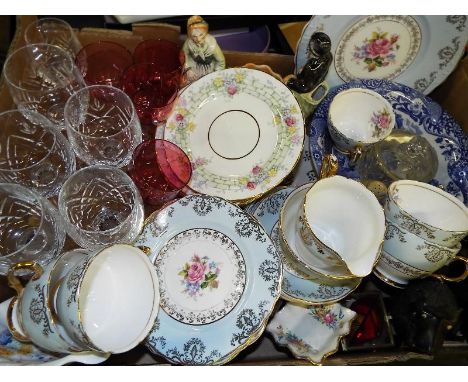 A good mixed lot to include an Argyle part tea service, drinking glasses, carved lions, ceramic figurines and similar