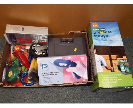 A good mixed lot of tools to include a cordless screwdriver, an electric soldering iron, a B&Q pressure sprayer and similar