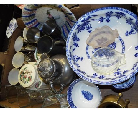 A good mixed lot to include a Minton blue and white bowl, Copeland Spode, pewter ware, glass ware, Sadler ware and other