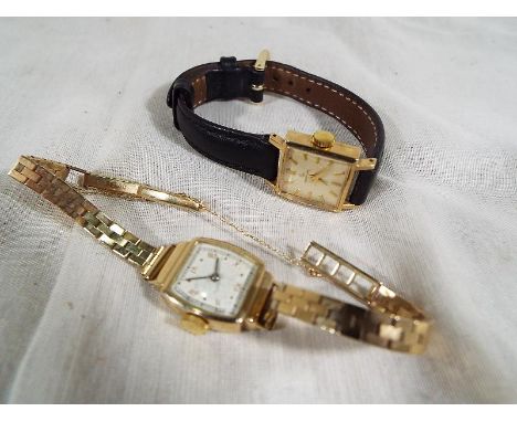 A lady's 9 carat gold cased wristwatch by Certina mounted on a black leather band, serial 18894, Certina 13-20 17-jewel manua