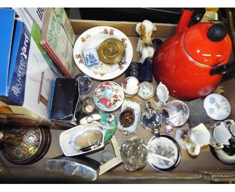 A good mixed lot to include a fireside companion set, enamel kettle, paperweights to include Caithness, ceramic trinket dishe