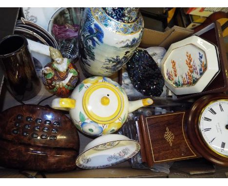 A good mixed lot to include flatware, ceramics, a collection of ceramic thimbles, a Garside Williams clock  and similar