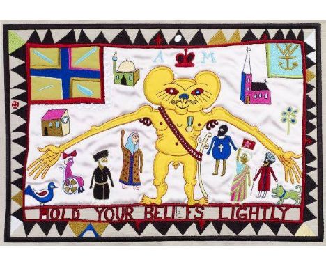 GRAYSON PERRY RA [B.1960]. Hold Your Beliefs Lightly, 2011. Embroidery on cotton and silk. Signed in felt tip pen on the reve