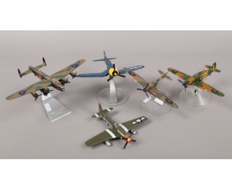 Five Corgi Diecast metal scale model aircraft including spitfire, hurricane, F4U Corsair, Avro Lancaster and Mustang, four on