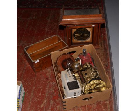 A box of miscellaneous to include novelty decanter set, Eumig projector etc along with an oak clock case and a wooden wages b