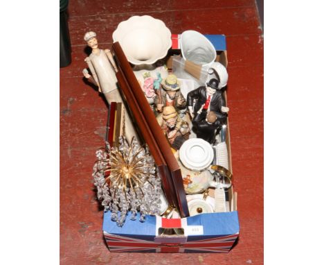 A box of miscellaneous to include lustre glaze six part tea set, Portmeirion jug, decorative table lamp etc.