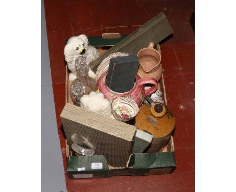 A box of miscellaneous pottery, china, glass and cutlery, glass eyed mantel dogs, R. A. Timmins &amp; Co. stoneware jar, deca