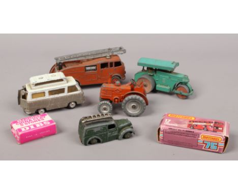 A small collection of vintage Diecast toy vehicles; Dinky Supertoy 855 fire engine, Corgi Ford Thames 420 caravanette, Meccan