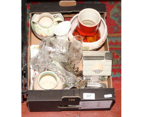 A box of miscellaneous including a silver and cut glass specimen vase, Radford vase, Poole etc.