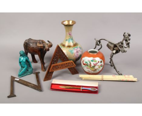 A group of collectables to include cloisonne vase, hardwood buffalo, chopstick etc.
