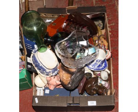 A box of miscellaneous collectables including cherub table lamp, nursery ware pottery tea set, composite nature American figu