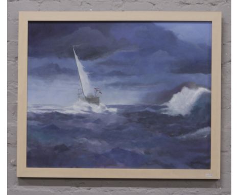 A framed oil on canvas, seascape with ship, titled to the back 'Ever Near the Rocks, signed Huldrick 60 x 75cm.