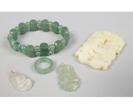 A collection of jade / hardstone jewellery including two pendants on carved as a buddha.