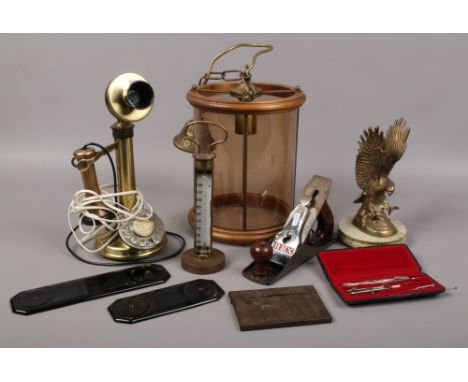 A group of collectables to include hanging lantern, finger plates, Rex plane, stick telephone etc.