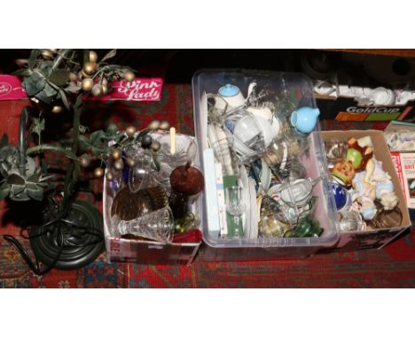 Three boxes of miscellaneous to include metal floral table lamp, glasswares, oriental ceramics, cabinet plates etc.