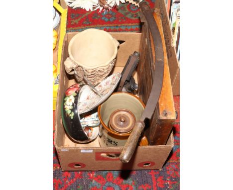 A box of miscellaneous to include guillotine, blow lamp, large stoneware mug etc.