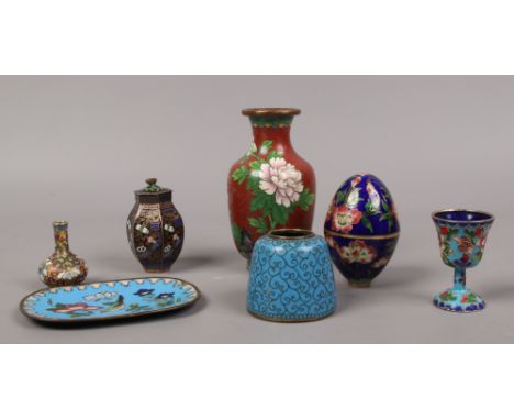 A quantity&nbsp;of cloisonne ware including a red ground baluster shaped vase, trinket dish etc.