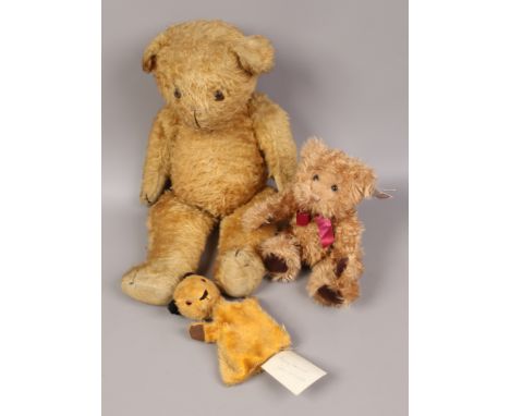 Three teddies to include Sooty hand puppet, purportedly signed by Harry Corbett.