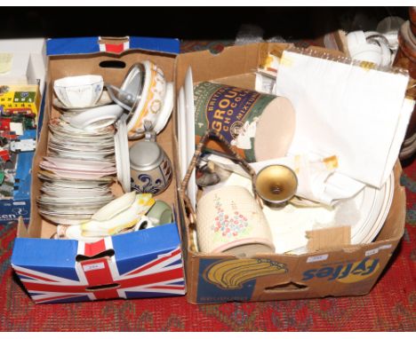 Two boxes of miscellaneous to include green Wedgwood Jasperware vase, ceramic plates, vintage Thornton chocolate advertising 