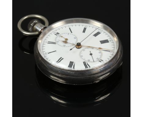 A silver chronograph pocket watch with subsidiary dial and Roman numerals marks, curvette also silver.