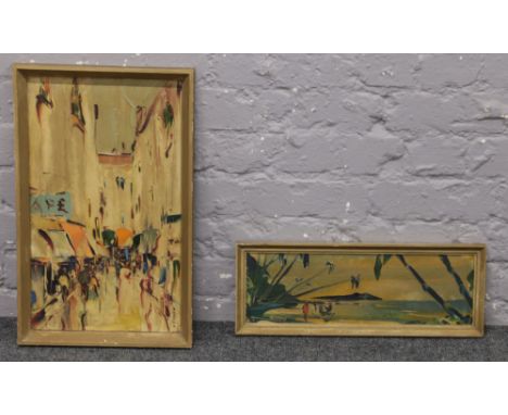 George. R. Deakins two framed oils on board, street scene and beach scene.
